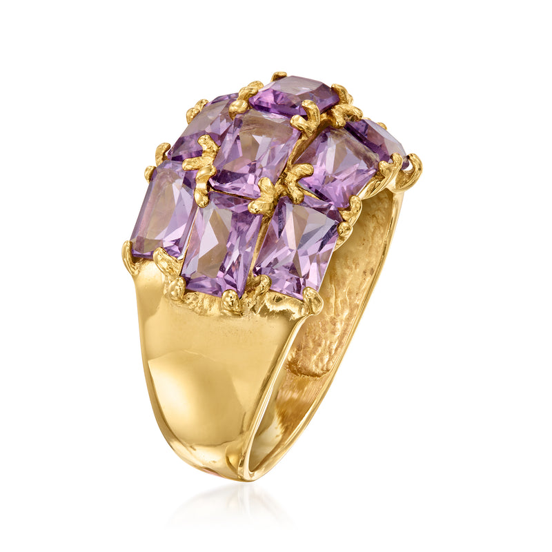 Amethyst gemstone ring in 14k yellow gold, cushion-cut stones with ornate prongs