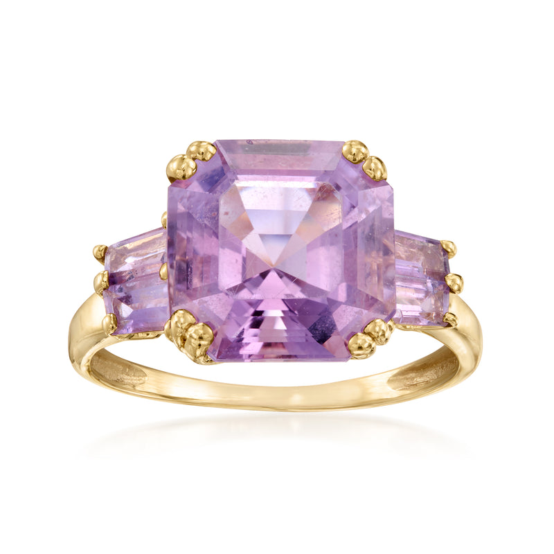 Amethyst gemstone ring with three rectangular stones in 14kt yellow gold setting