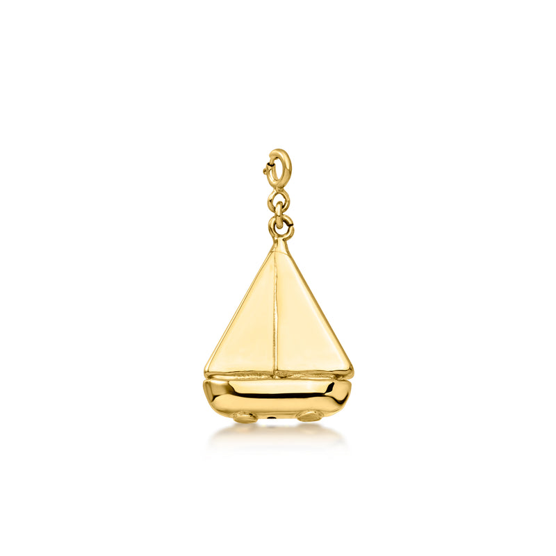 Gold sailboat charm on ring bail, polished 18kt gold over sterling look