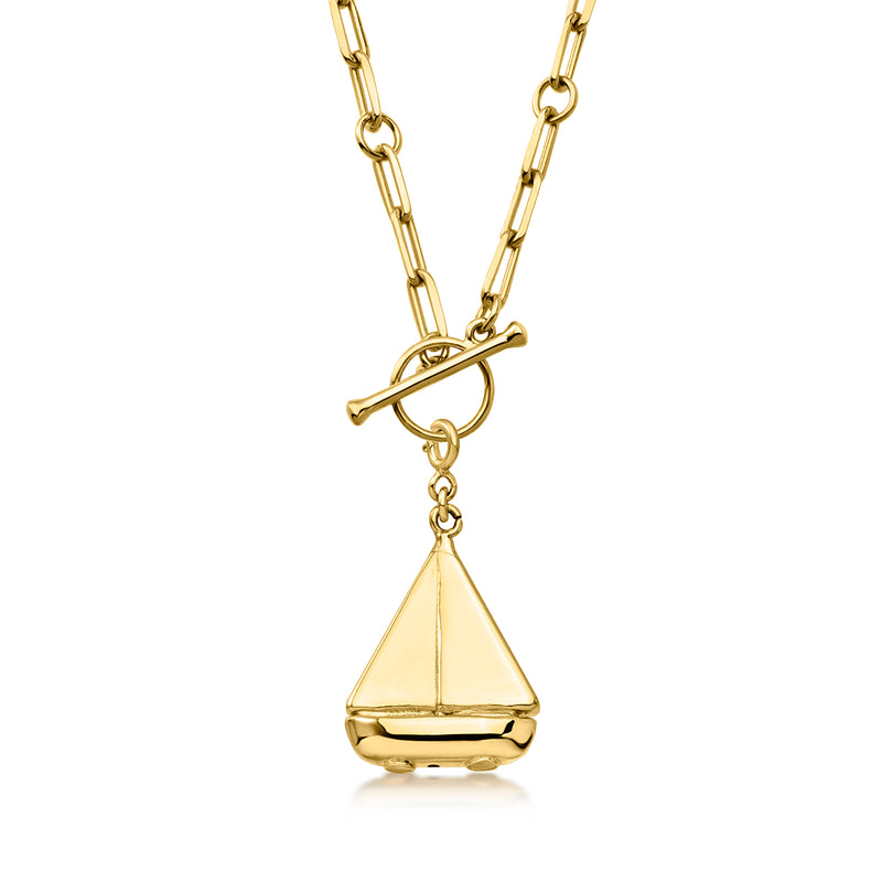 Polished gold sailboat pendant with chain link and small loop