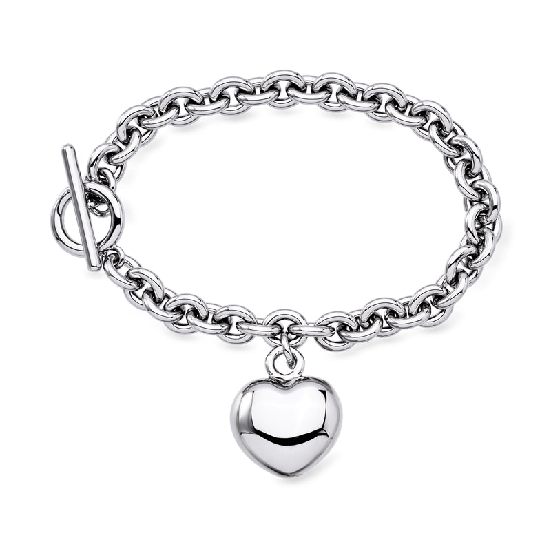 Rhodium-plated puff heart toggle bracelet with curb chain and heart charm