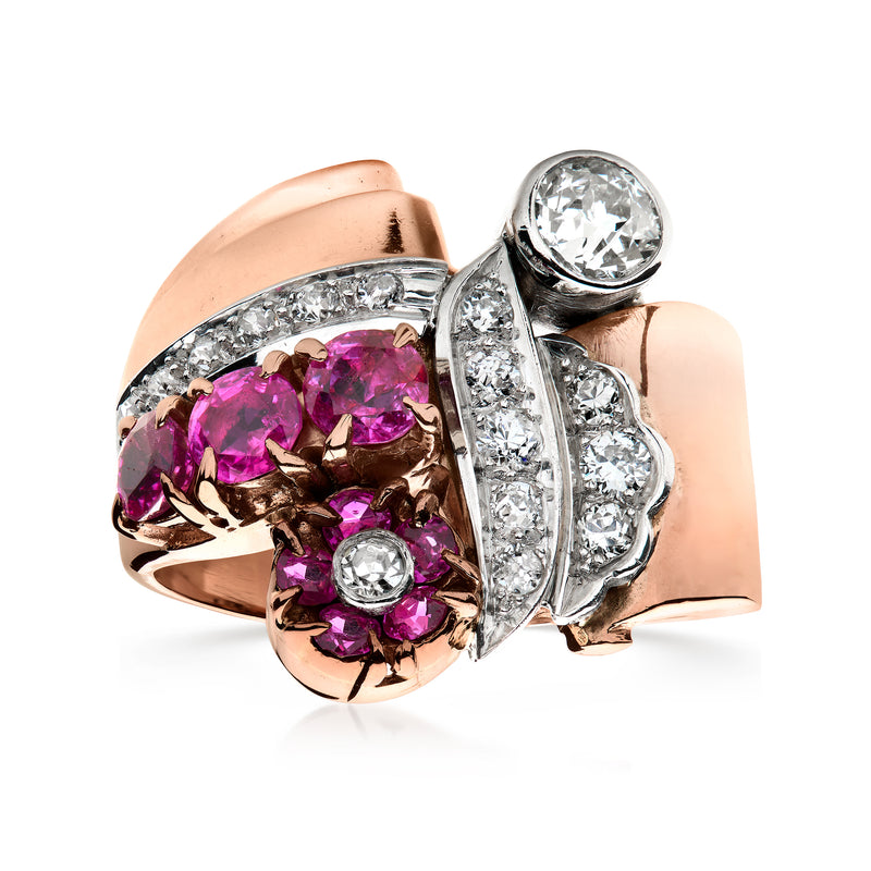 Vintage ruby and diamond flower ring with rose gold and platinum bands