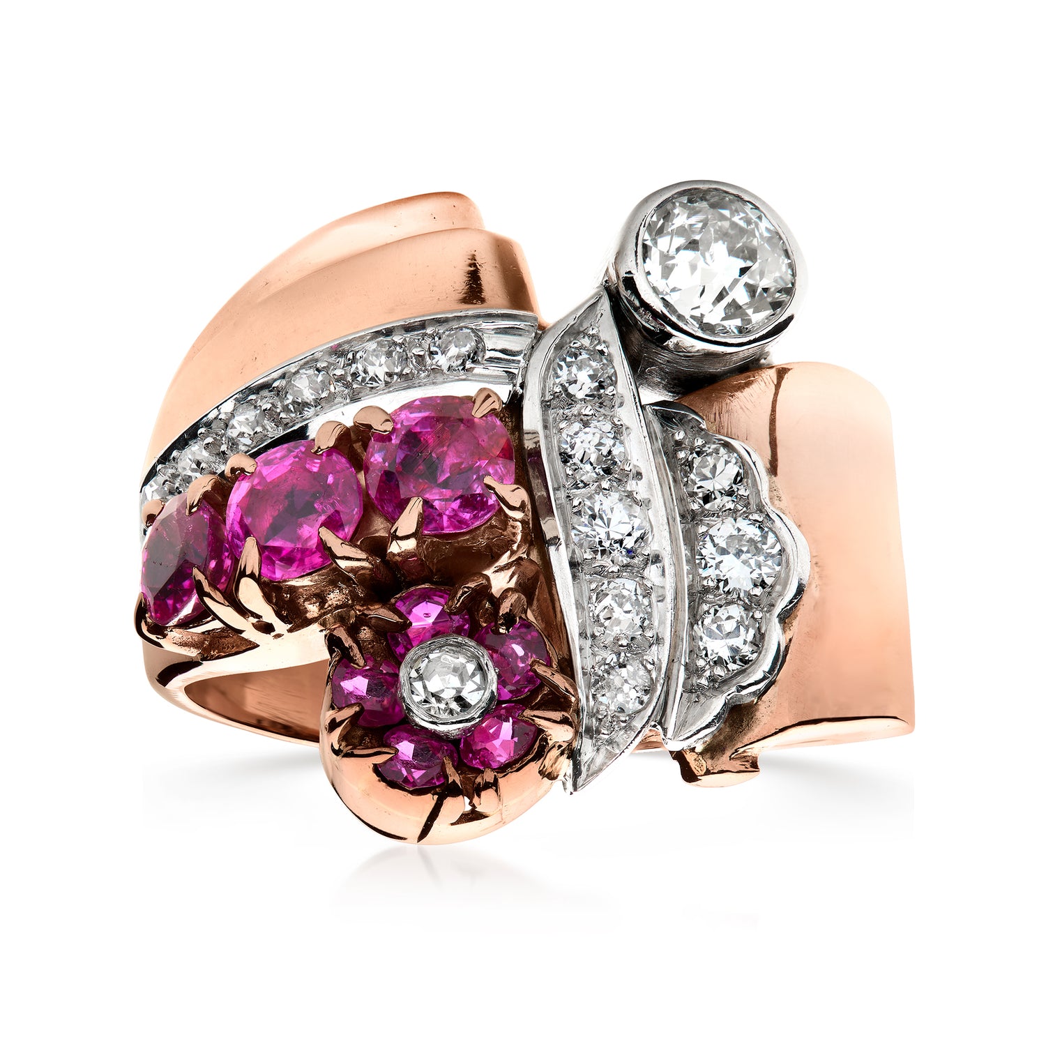 C. 1960 Vintage 1.50 ct. t.w. Ruby and .70 ct. t.w. Diamond Flower Ring in Platinum and 14kt Rose Gold