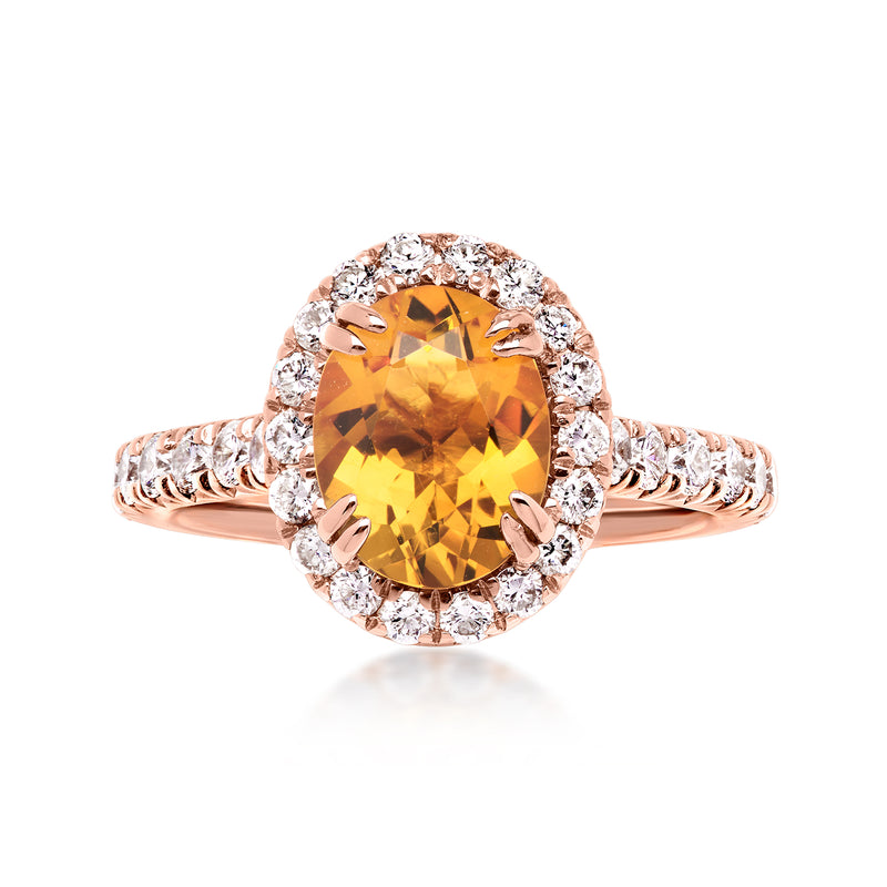 Rose gold vintage style ring with round citrine center and diamond halo