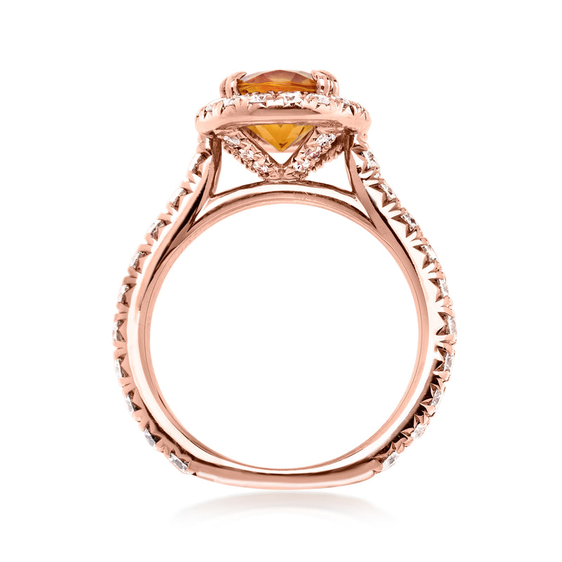 Vintage rose gold citrine and diamond ring, side view with detailed pavé band