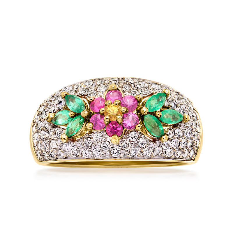 14kt yellow gold flower ring with pink center, green stones, and diamond pave