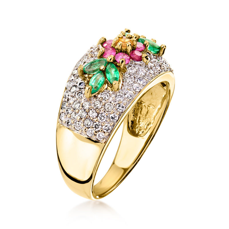 Yellow gold flower ring with pink center, green side stones, and diamond halo
