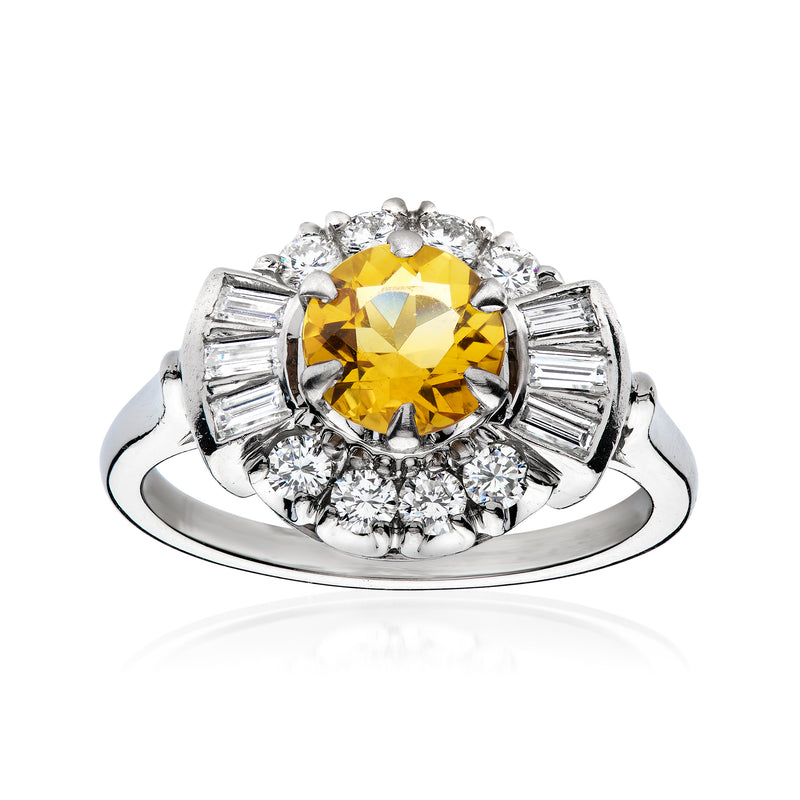 Platinum vintage citrine ring with round diamond halo and baguette side stones