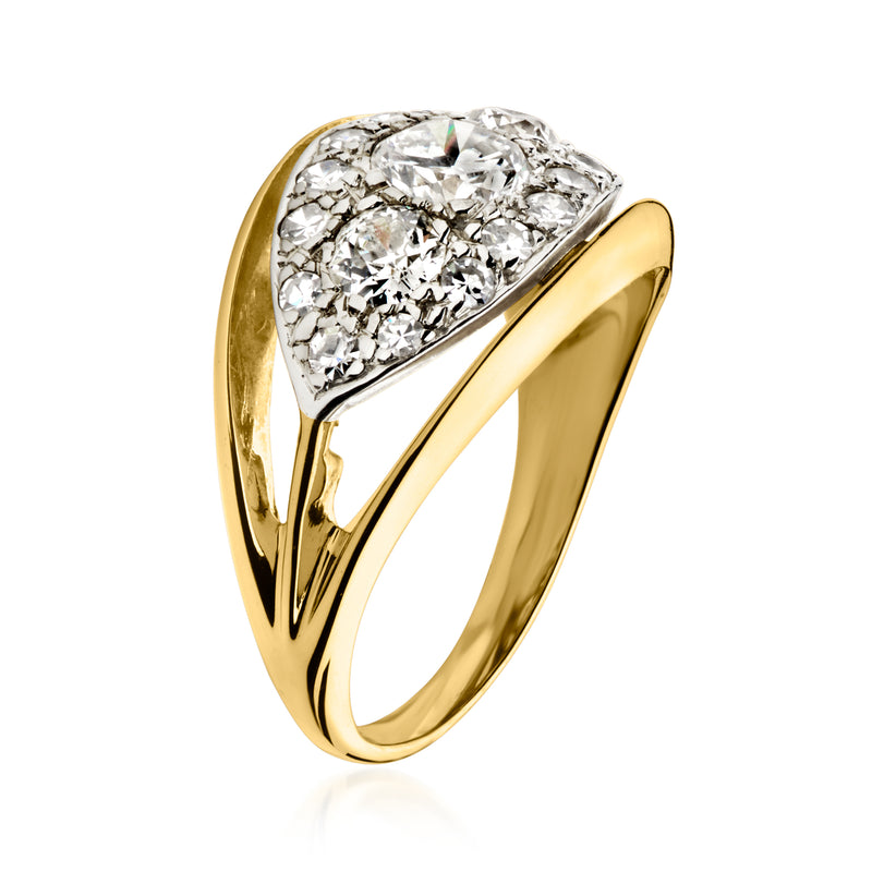 Yellow gold diamond cluster ring with V-shaped open split shank