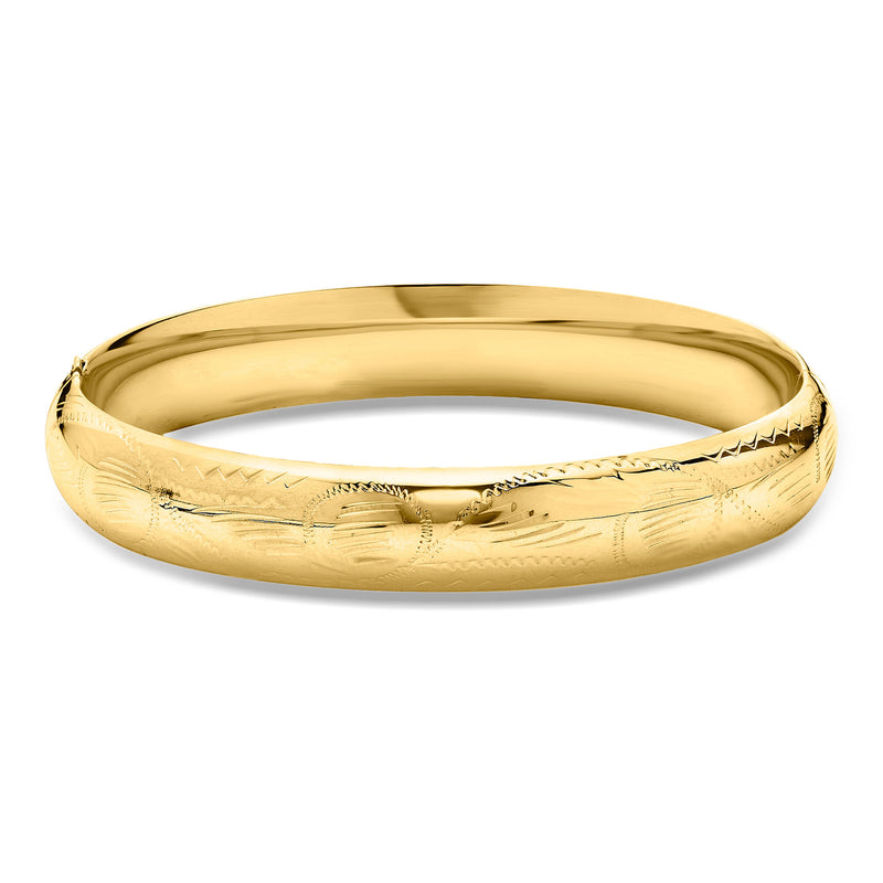 Vintage 14kt yellow gold etched bangle bracelet with textured pattern, hinged style
