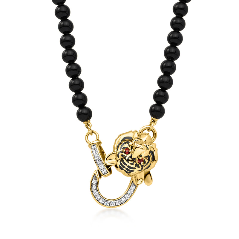 4mm Black Agate Bead and .16 ct. t.w. Lab-Grown Diamond Tiger Necklace with Garnets and Black Enamel in 18kt Gold Over Sterling