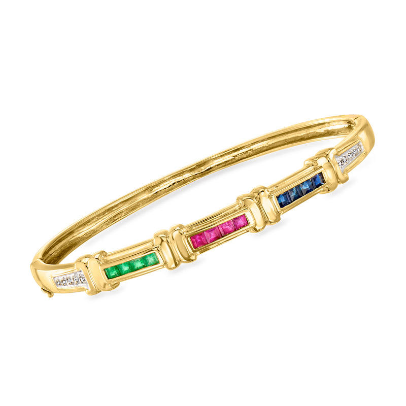 14kt yellow gold bangle bracelet with multicolor gemstones and diamond accents
