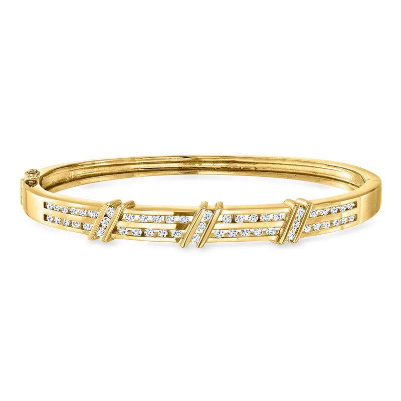 Vintage 14kt yellow gold diamond bangle bracelet with three pavé diamond rows