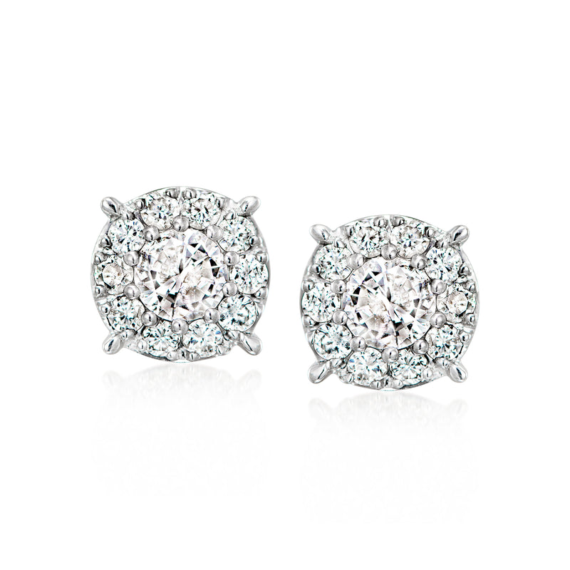 Diamond cluster stud earrings in white gold, round halo with multiple small stones