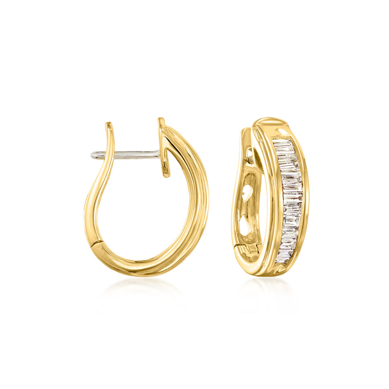 18kt yellow gold hoop earrings with baguette diamond row, hinged back view
