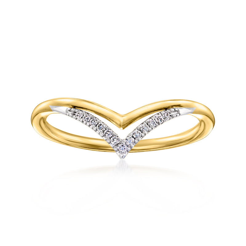 Two-tone gold chevron diamond ring, V-shaped prong-set stones, polished band