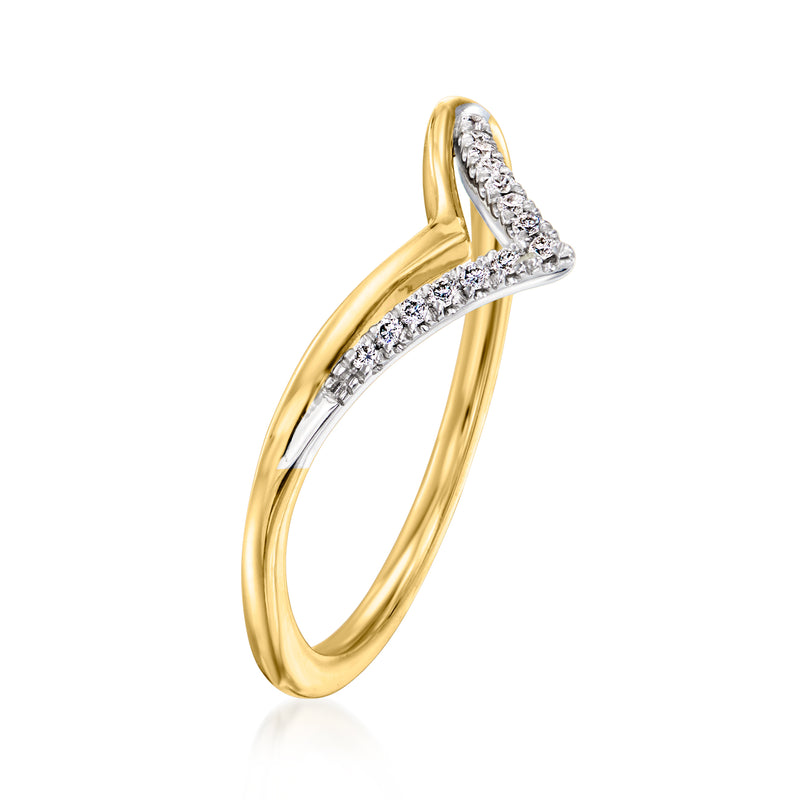 Chevron diamond ring in two-tone gold with raised V setting and prong-set stones