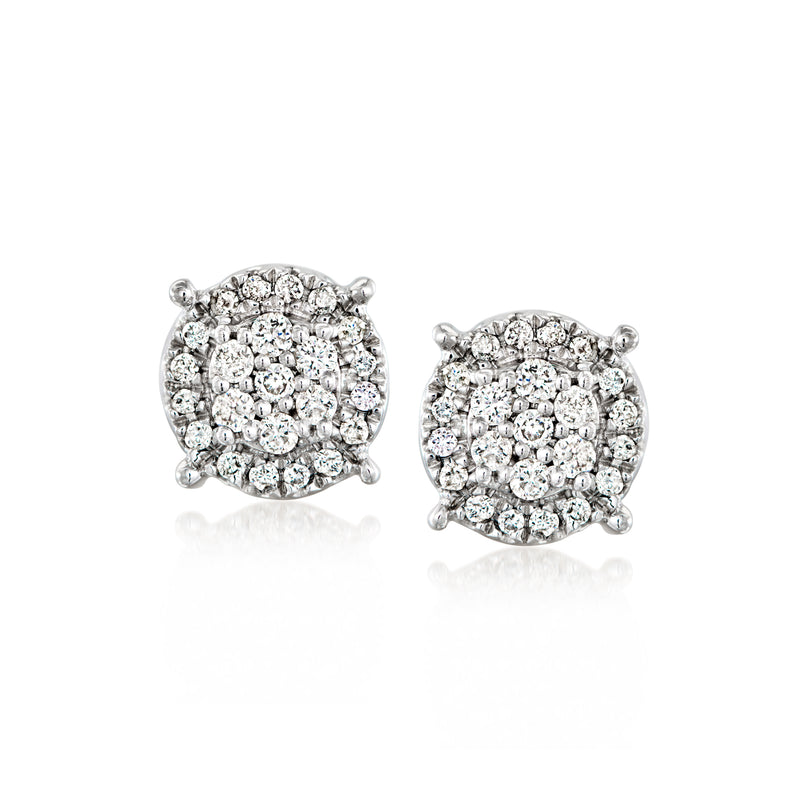 Diamond cluster stud earrings in white gold, round cluster with post backs