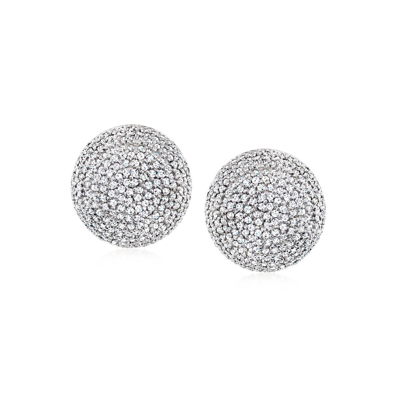 Diamond button stud earrings in 14kt white gold, round pave texture