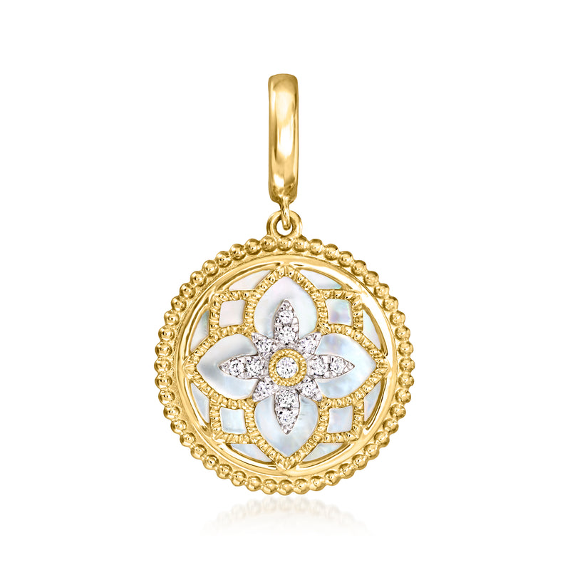 14kt yellow gold round pendant with mother-of-pearl petals and diamond center