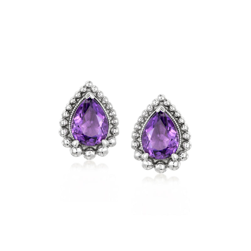 Sterling silver amethyst teardrop stud earrings with beaded halo edge