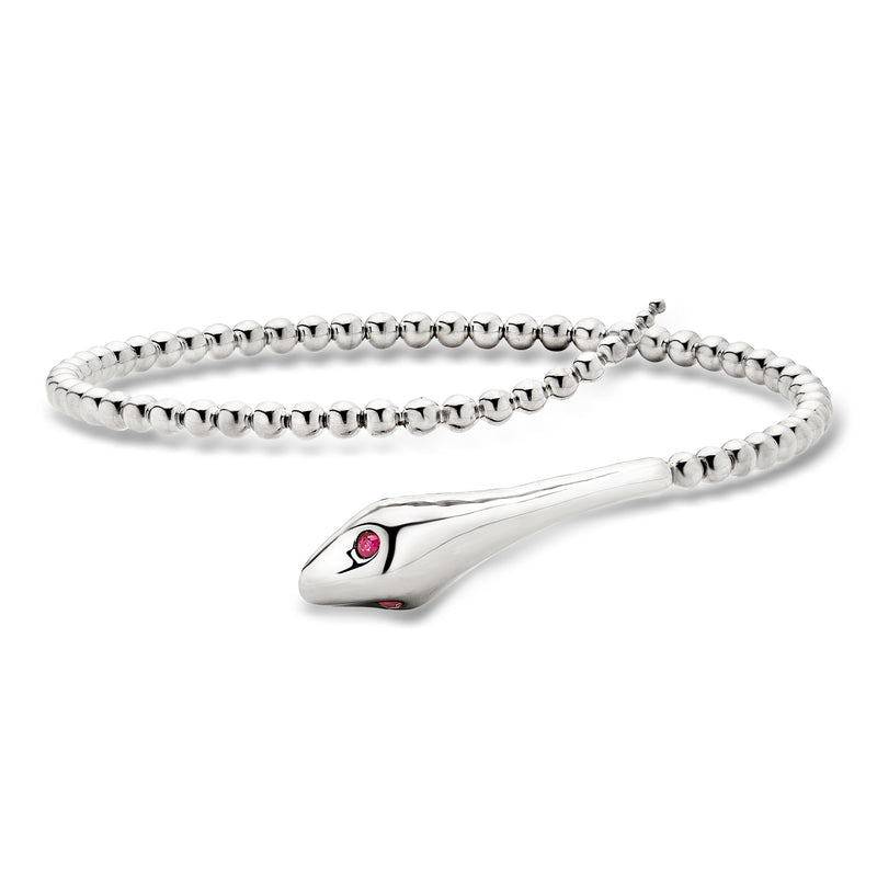 Sterling silver snake bypass bracelet with pink ruby eyes and beaded chain links