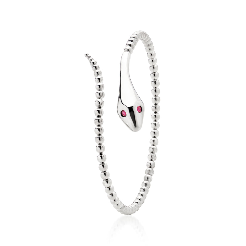 Sterling silver snake bypass bracelet with two pink ruby eyes and looped beaded links