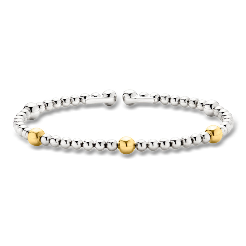 Sterling silver beaded cuff bracelet with yellow gold bead accents, hinged clasp
