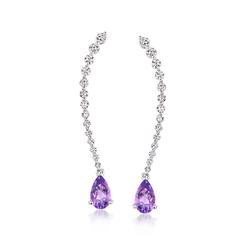 Diamond tennis line drop earrings with teardrop amethyst drops in white gold