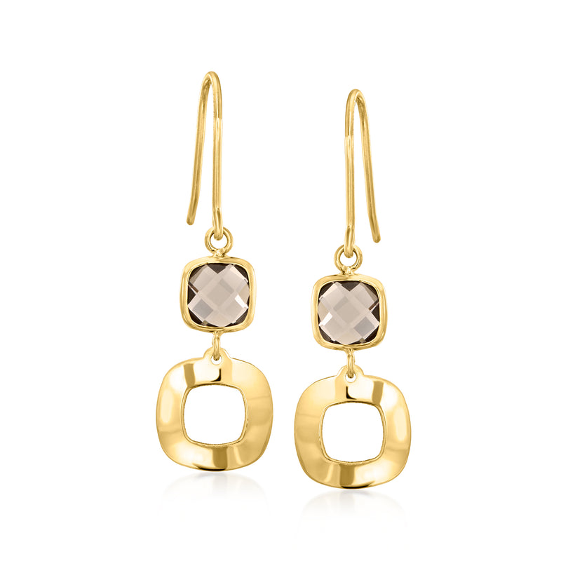 10kt yellow gold smoky quartz geometric drop earrings with earwire, square-cut stone