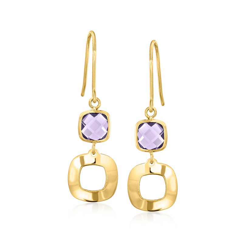 10kt yellow gold amethyst geometric drop earrings with purple faceted square top