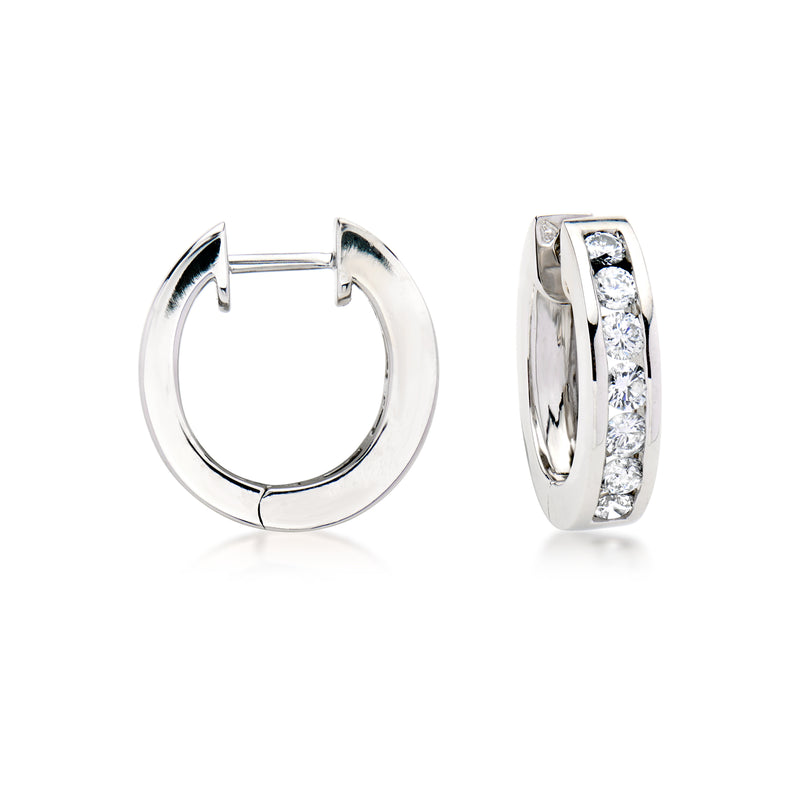 Vintage diamond hoop earrings in 18kt white gold, one shown front and one side view
