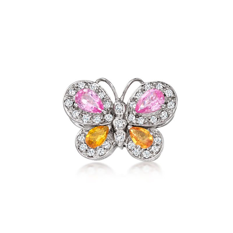 Butterfly pendant in white gold with pink and orange sapphires and diamond-set wings