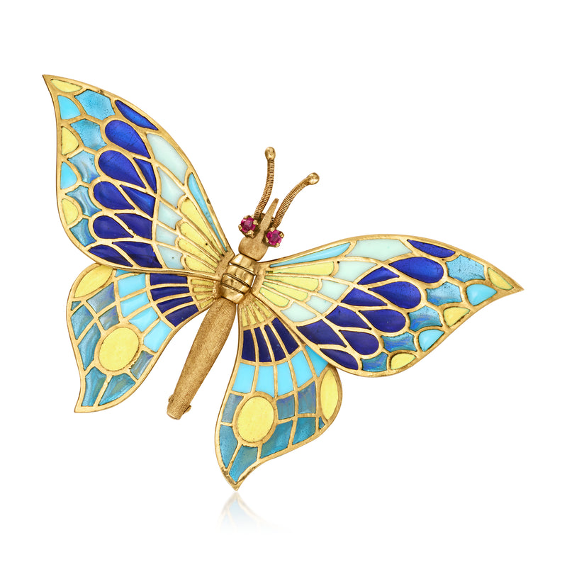 Butterfly enamel pin in yellow gold with blue and turquoise wings, ruby accents