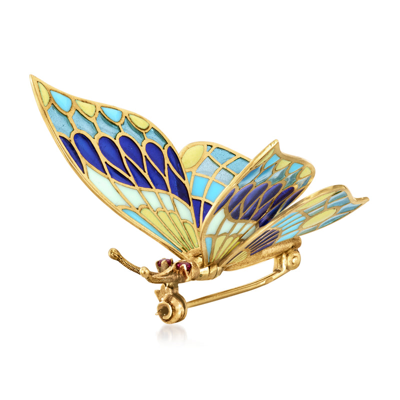 Butterfly enamel pin with blue and gold wings, turquoise accents, bar pin backing