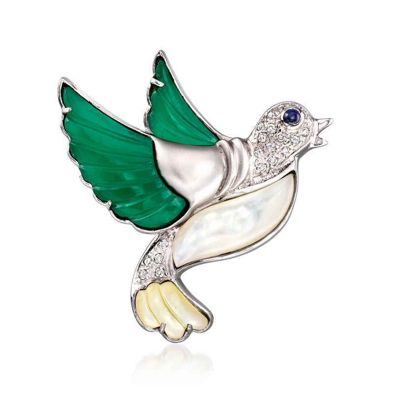 Bird pin pendant with green wings, white body, diamond accents and blue sapphire eye