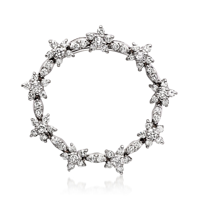 Diamond floral wreath pin/pendant in 14kt white gold, circular with sparkling stones