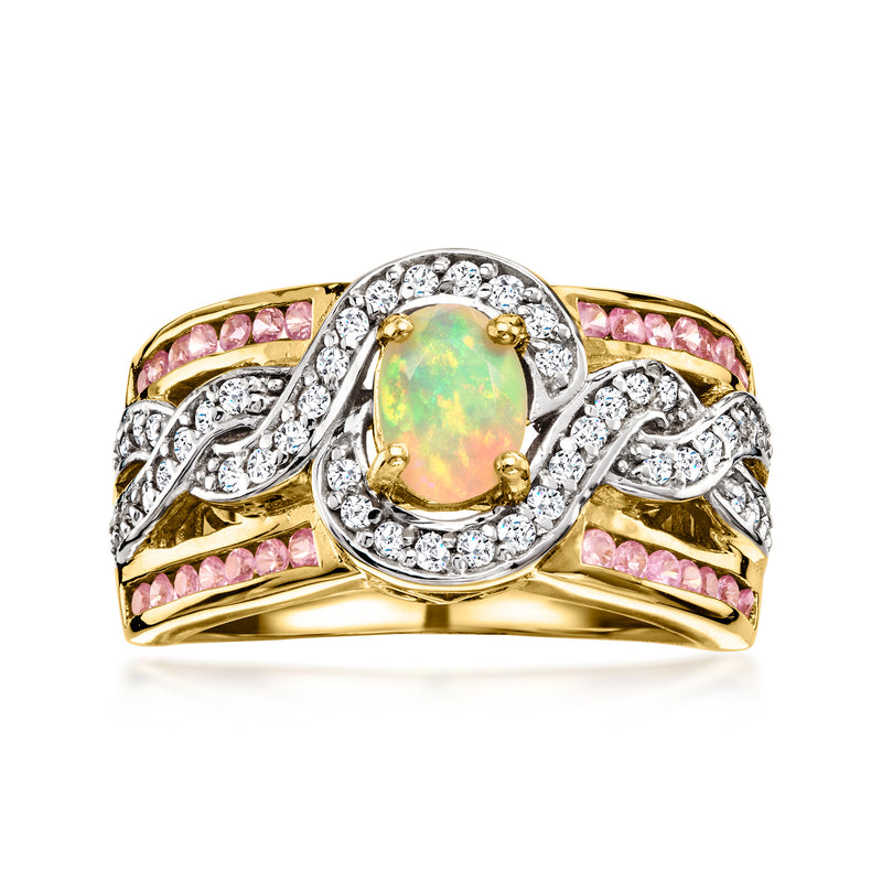 Gold over sterling opal-style oval center ring with pink and white stone bands