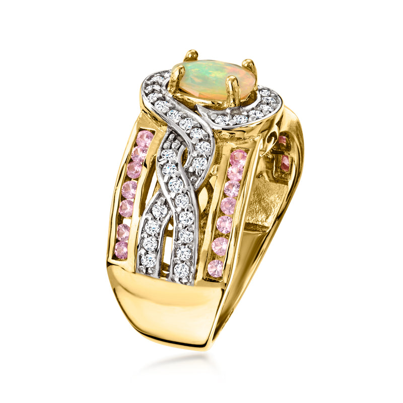 Gold over sterling oval opal-style ring with pink side stones and white halo detail
