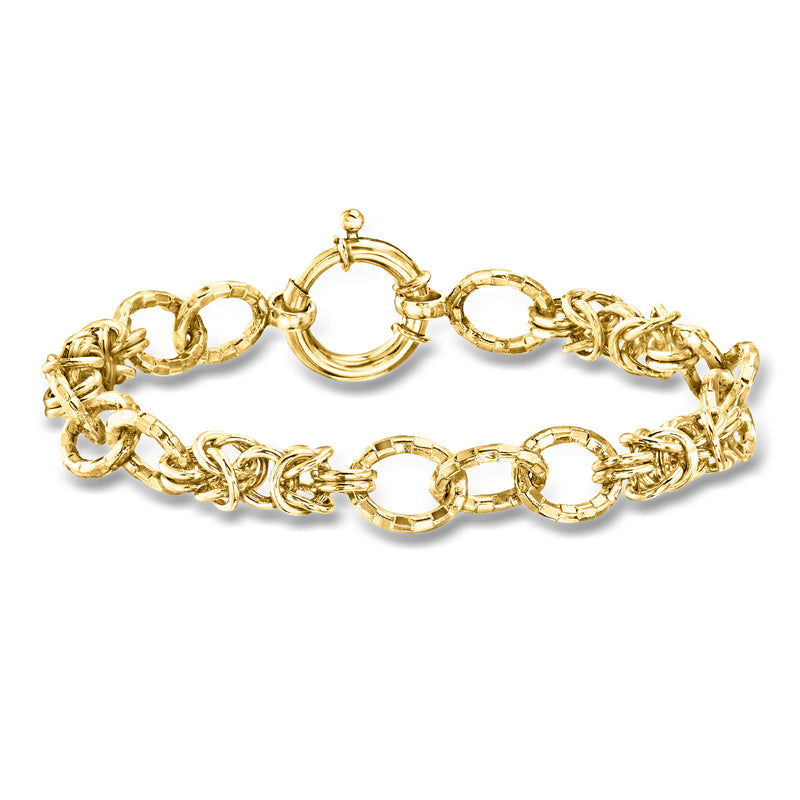 Gold-plated link bracelet with Byzantine and oval ring links, polished finish