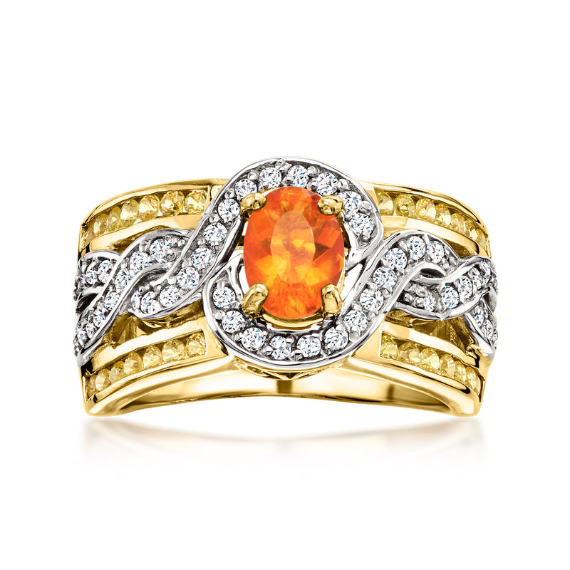 Orange oval center gemstone ring with white halo stones and gold over silver band.