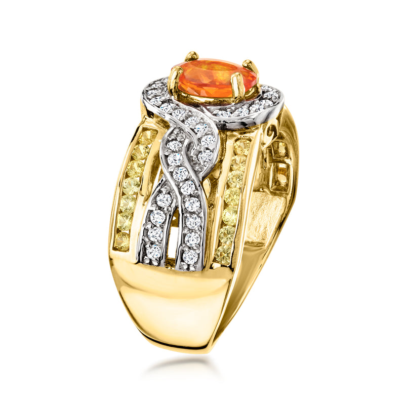 Side view ring: orange oval gemstone, white stone accents in silver settings, gold band.
