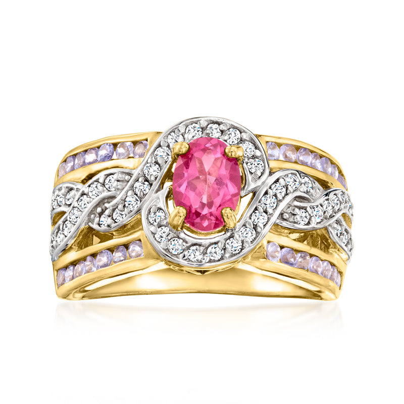 Gold over sterling ring with pink oval gemstone and diamond-like halo accents