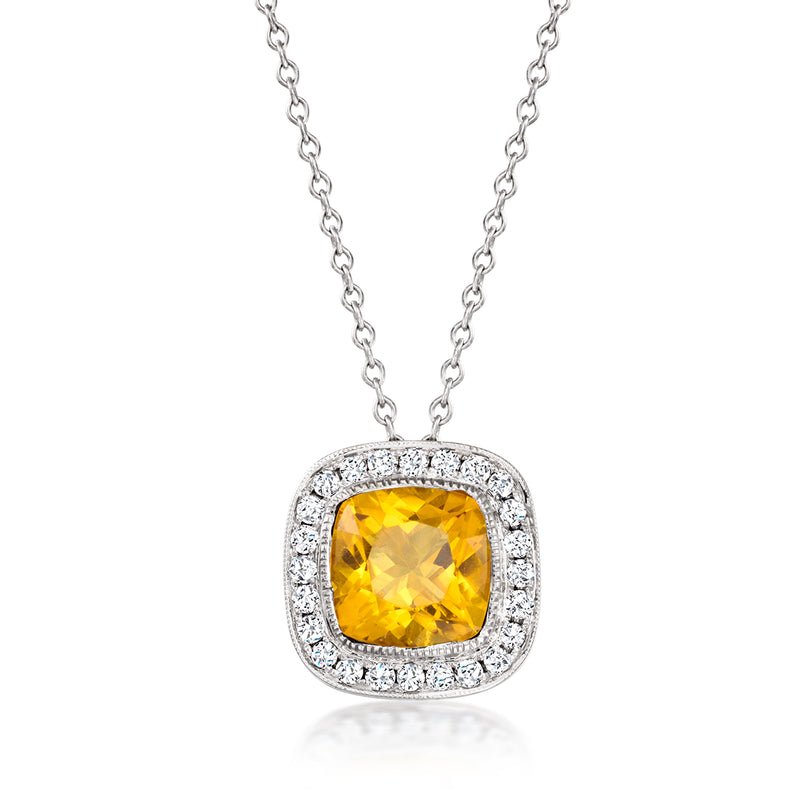 White gold pendant necklace with square citrine gemstone and diamond halo, on chain
