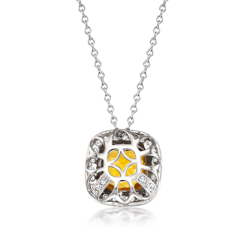 White gold pendant necklace with citrine cushion center and diamond halo on chain