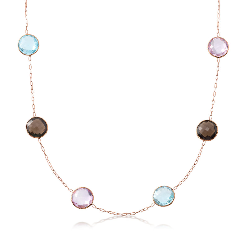 Rose gold multi-gemstone station necklace with round colored stones, linked stations