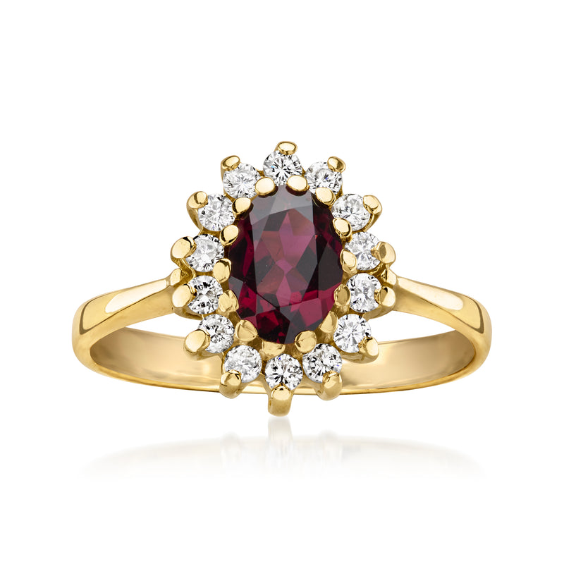 18kt yellow gold garnet ring with diamond halo and deep red oval center