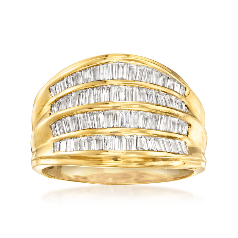 18kt yellow gold multi-row baguette diamond ring with three bands, channel-set stones
