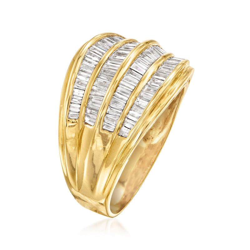 18kt yellow gold multi-row baguette diamond ring, rounded profile with channel-set stones