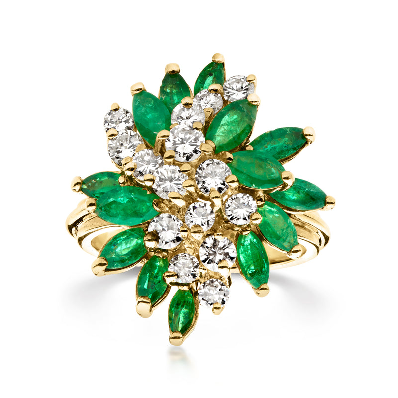 Vintage emerald and diamond cluster ring in 18k yellow gold, front view